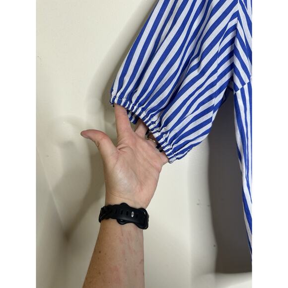 Talbots Size Medium Blue White Nautical Stripe Cotton Blouse Puff Sleeve - Picture 3 of 6